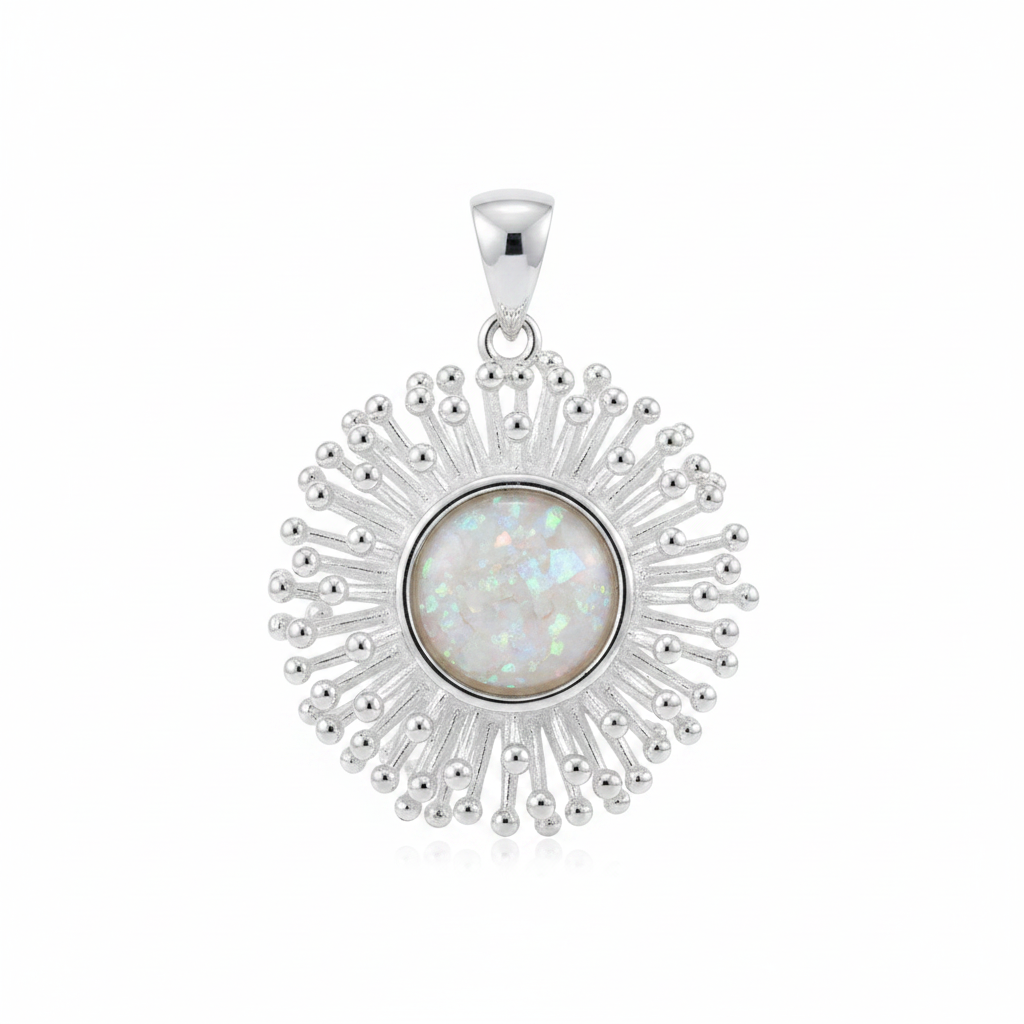 Silver 925 starburst memorial pendant with white opal and mica, white background
