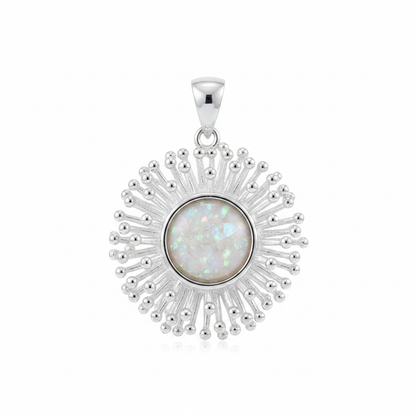 Silver 925 starburst memorial pendant with white opal and mica, white background