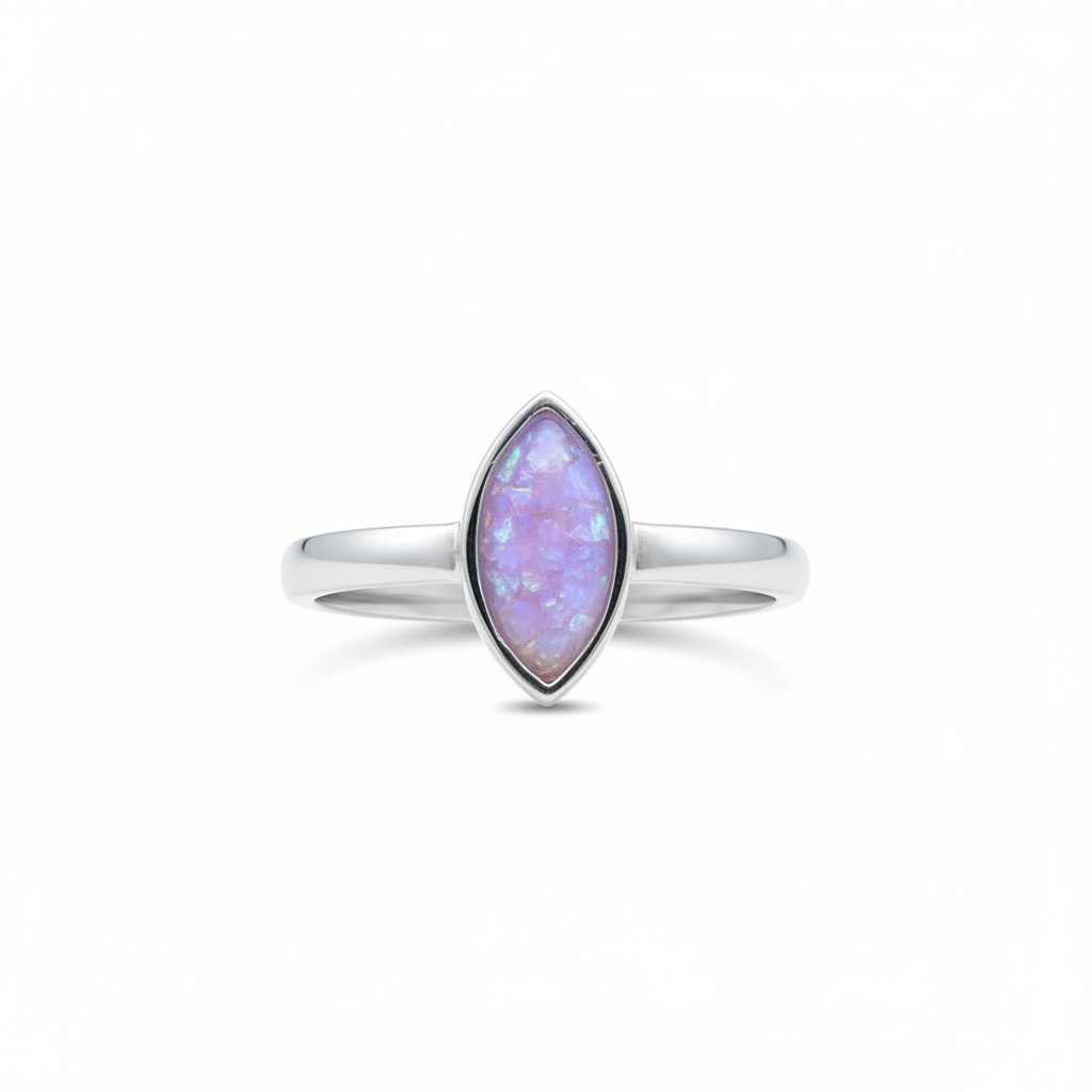925 sterling silver plain marquise memorial ring with lavender purple opal resin filling marquise bezel on white background