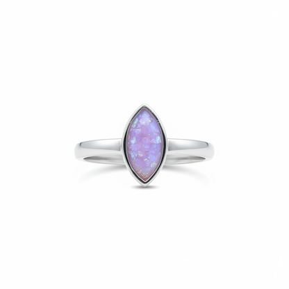 925 sterling silver plain marquise memorial ring with lavender purple opal resin filling marquise bezel on white background