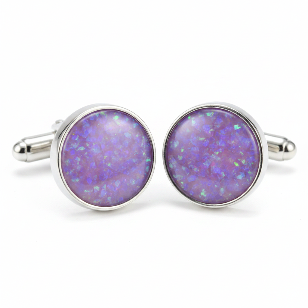 Silver 925 round cufflinks with lavender purple opal resin in 13.8mm setting on white background