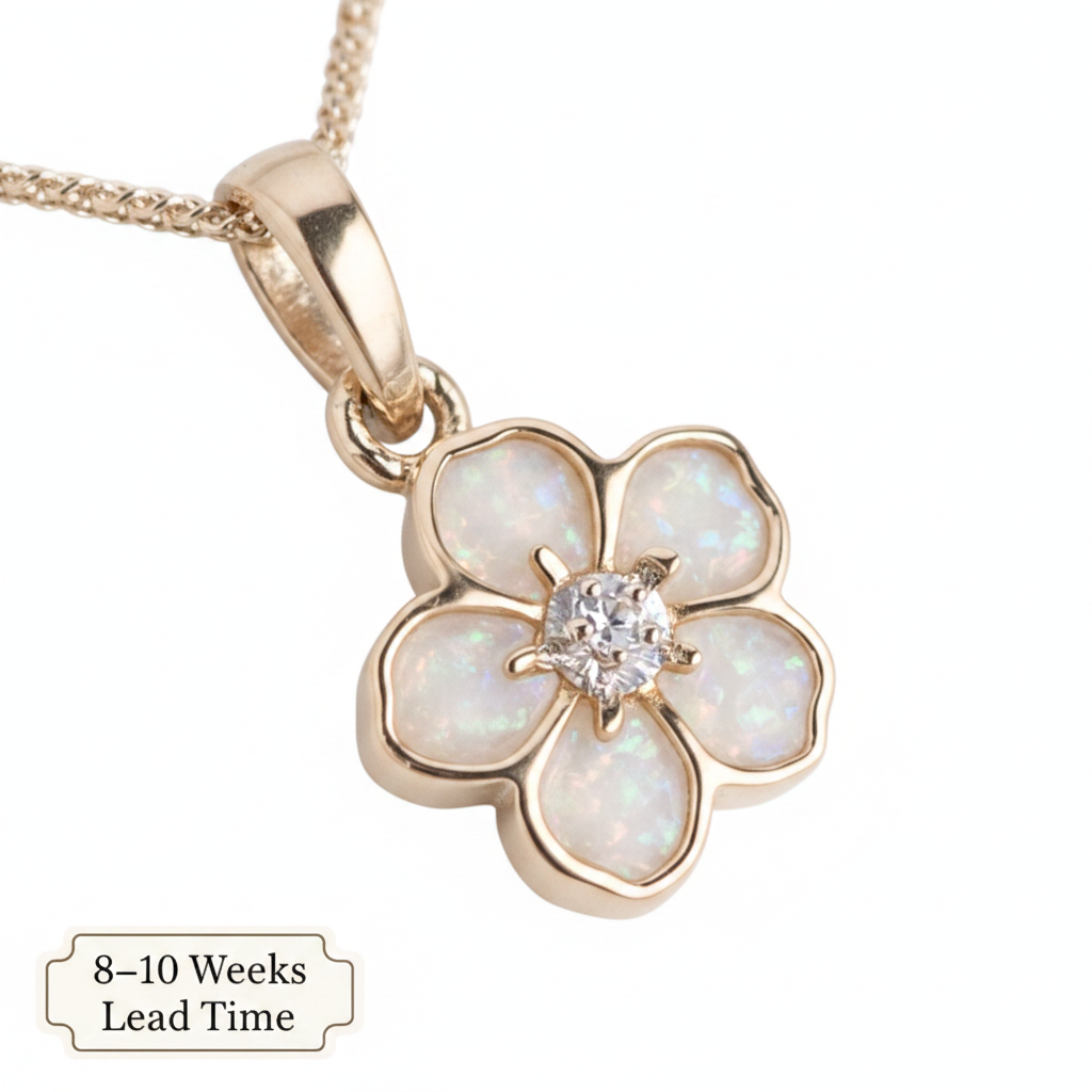9ct Gold Forget Me Not CZ Pendant — white pearl opal resin petals, white background