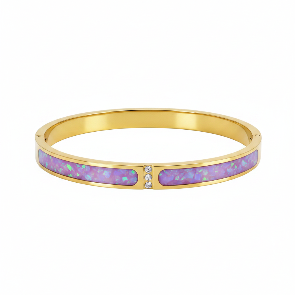 18ct gold PVD zircon memorial bangle with lavender purple opal resin inclusion