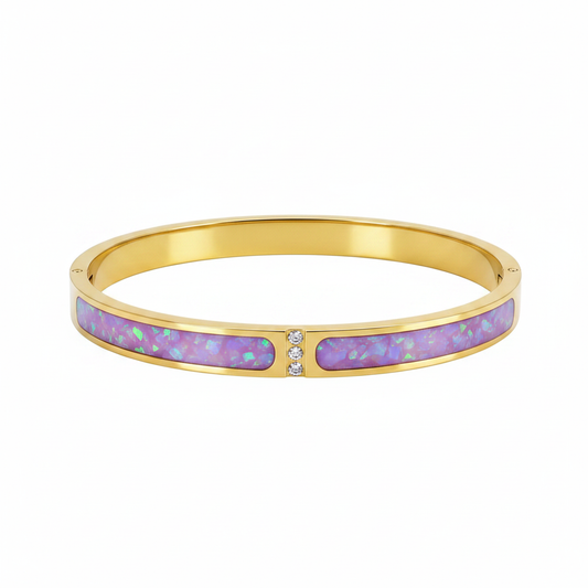 18ct gold PVD zircon memorial bangle with lavender purple opal resin inclusion