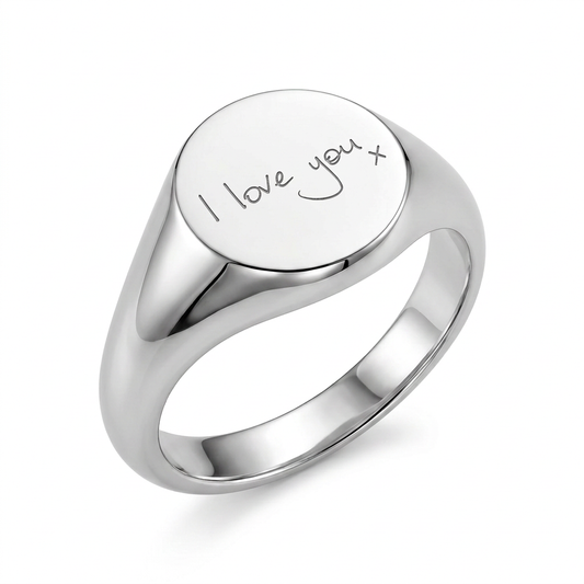 Illustrative mirror-polished 12mm silver signet ring with I love you x handwriting engraving