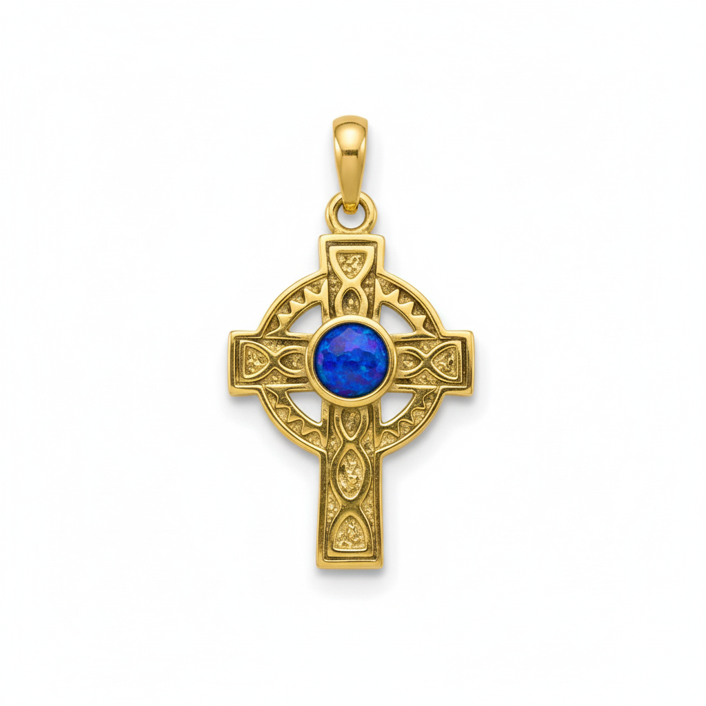 9ct gold Celtic cross memorial pendant with deep blue iridescent opal flakes – white background