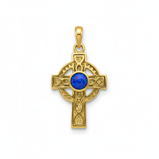 9ct gold Celtic cross memorial pendant with deep blue iridescent opal flakes – white background
