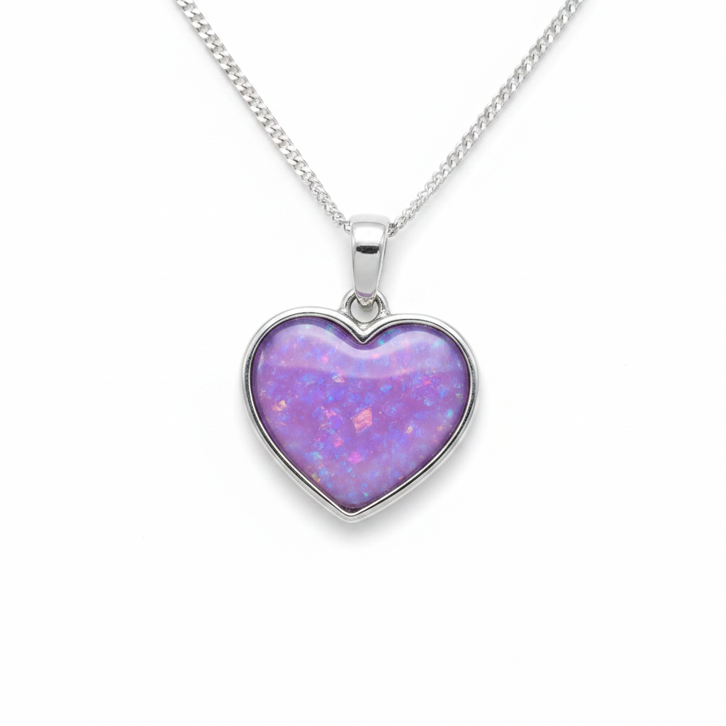 Simple Heart 925 Silver Memorial Pendant with lavender purple opal resin inclusion — white background