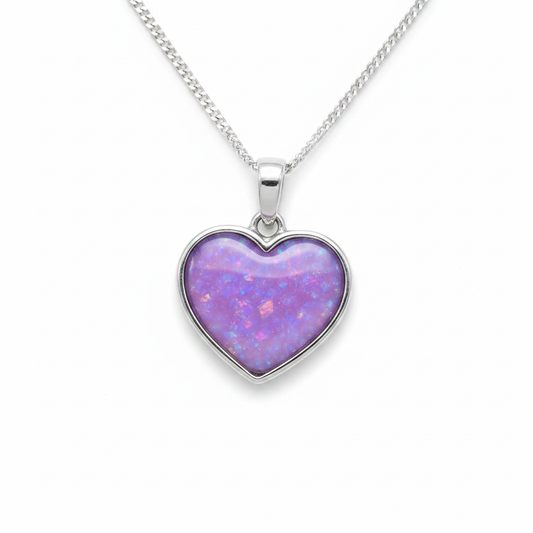 Simple Heart 925 Silver Memorial Pendant with lavender purple opal resin inclusion — white background