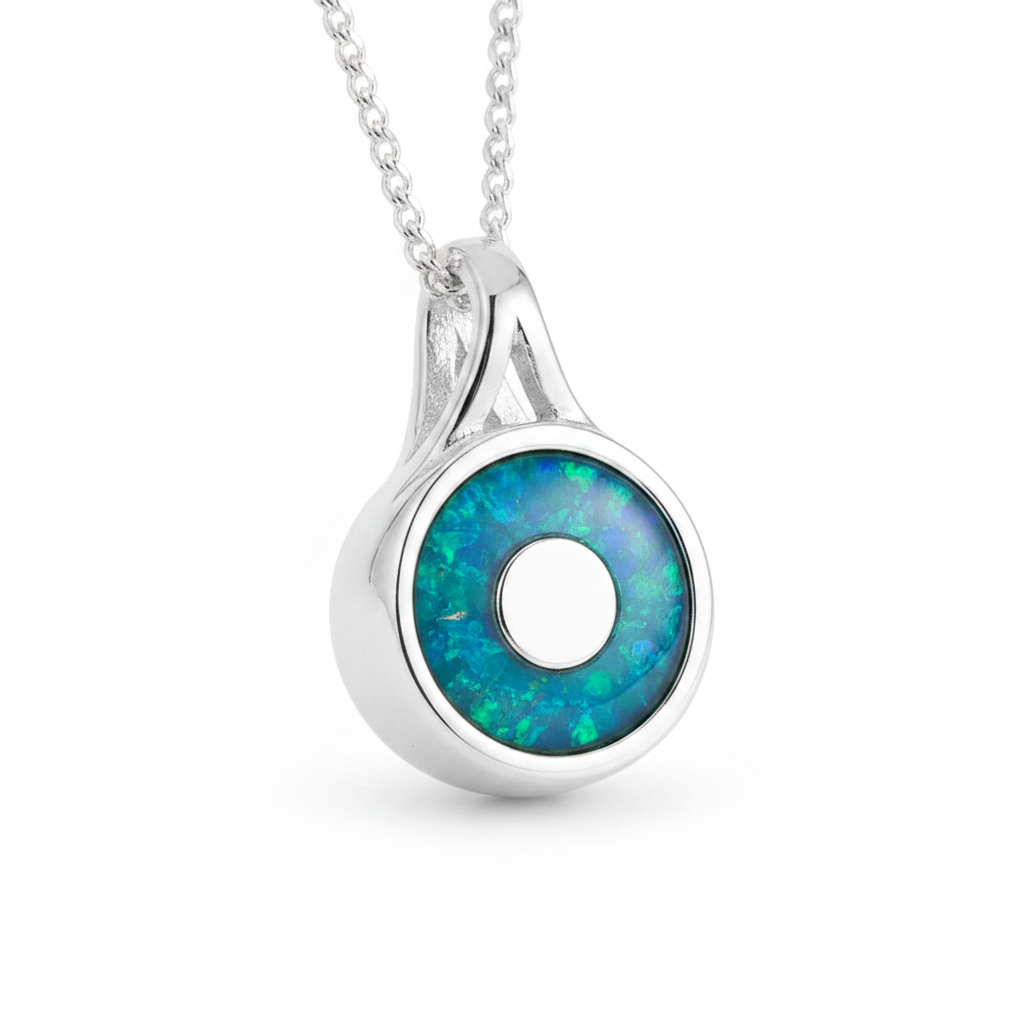 Round Secretly Set CZ 925 Silver Memorial Pendant reverse with blue teal opal resin in channel — white background
