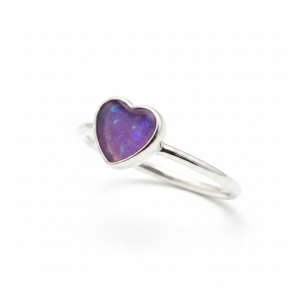 Silver 925 heart stacker memorial ring — lavender purple opal flakes resin in 6mm heart setting, ultra-fine wire band
