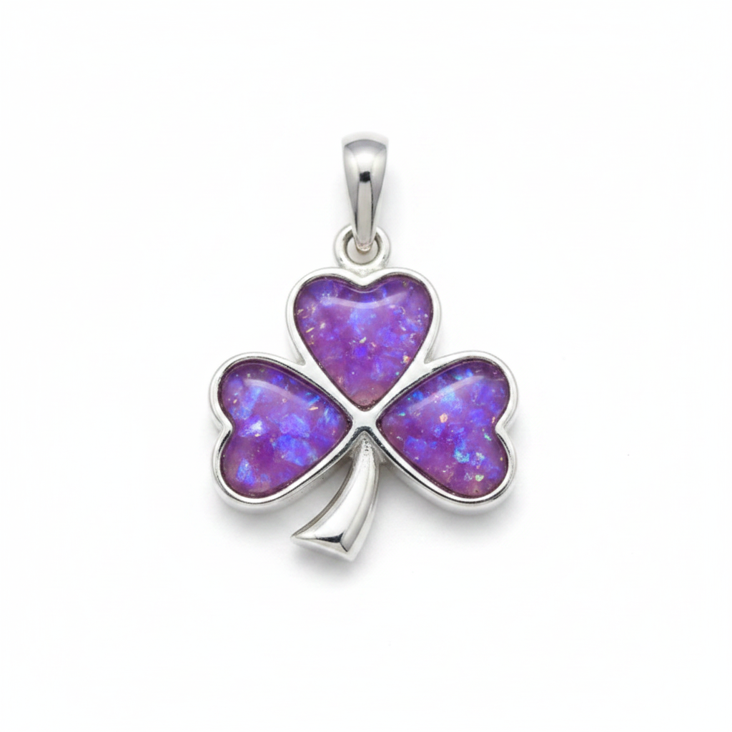 Silver 925 shamrock memorial pendant — lavender purple opal flakes domed resin in each heart petal