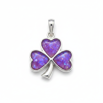 Silver 925 shamrock memorial pendant — lavender purple opal flakes domed resin in each heart petal