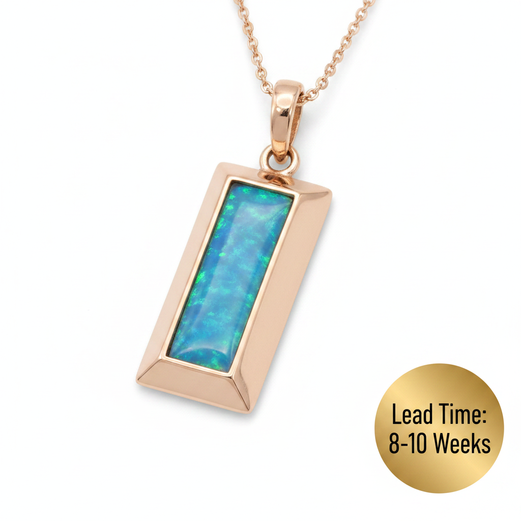 9ct rose gold 3D bullion bar pendant with blue teal opal resin on chain, white background, lead time 8-10 weeks