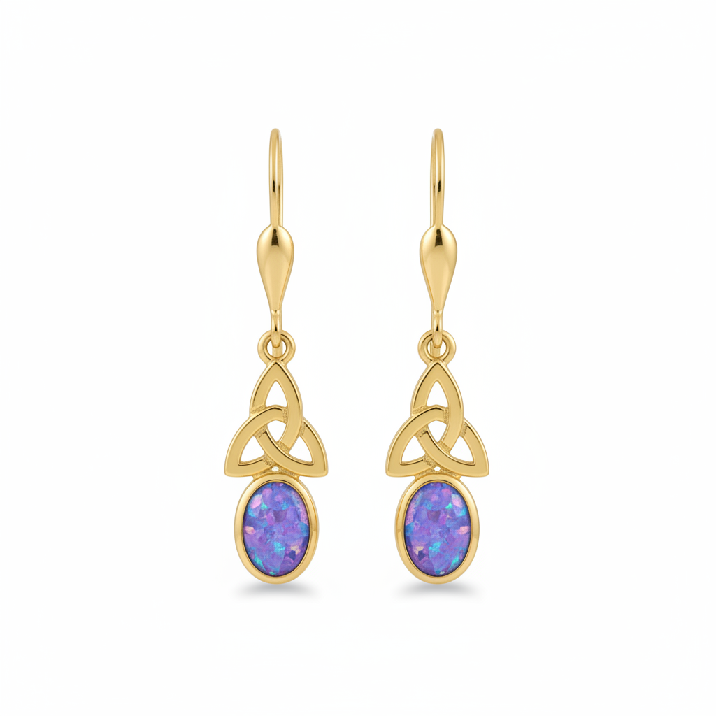 9ct gold Celtic trinity knot drop earrings with lavender iridescent opal flakes – white background