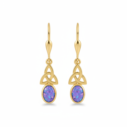 9ct gold Celtic trinity knot drop earrings with lavender iridescent opal flakes – white background