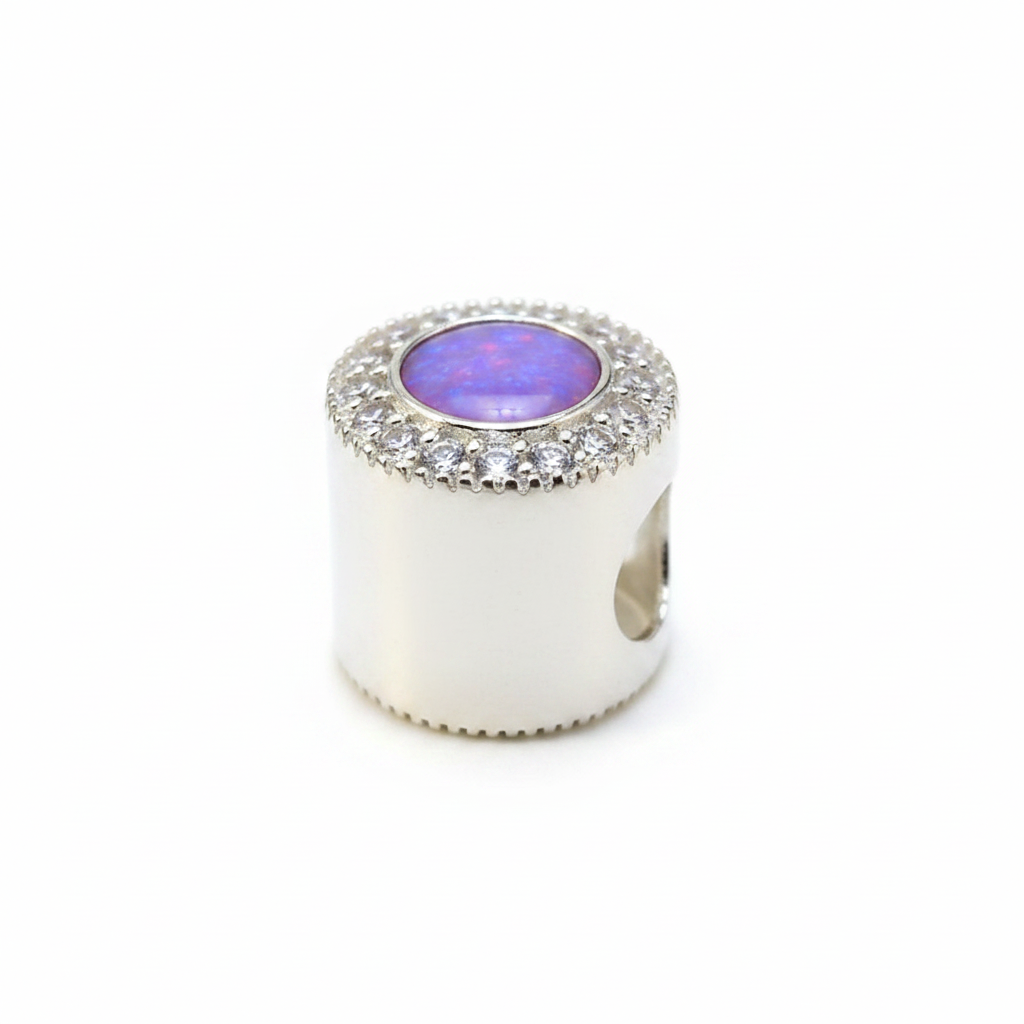 Silver CZ Surround Cylindrical Bead 925 Silver Memorial Charm – purple lavender opal inclusion