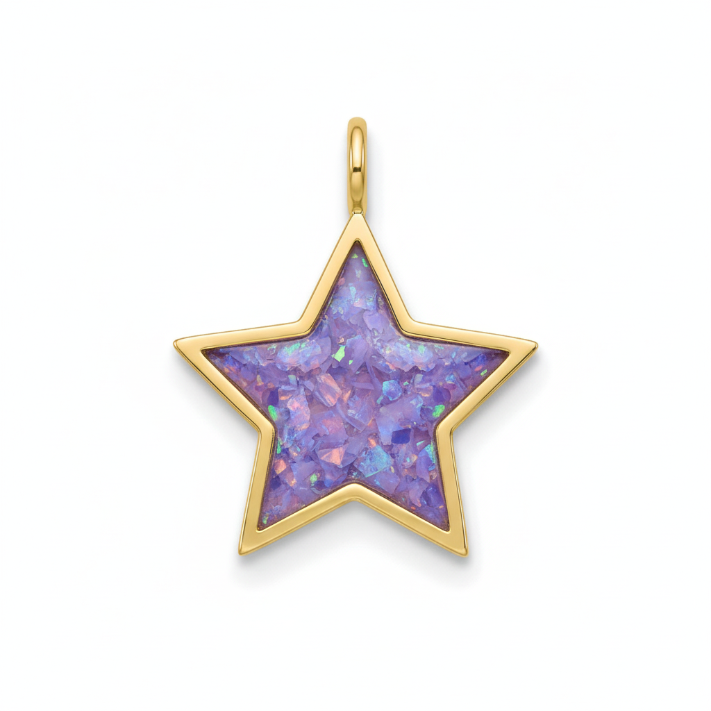 9ct gold star memorial pendant with lavender iridescent opal flakes – white background