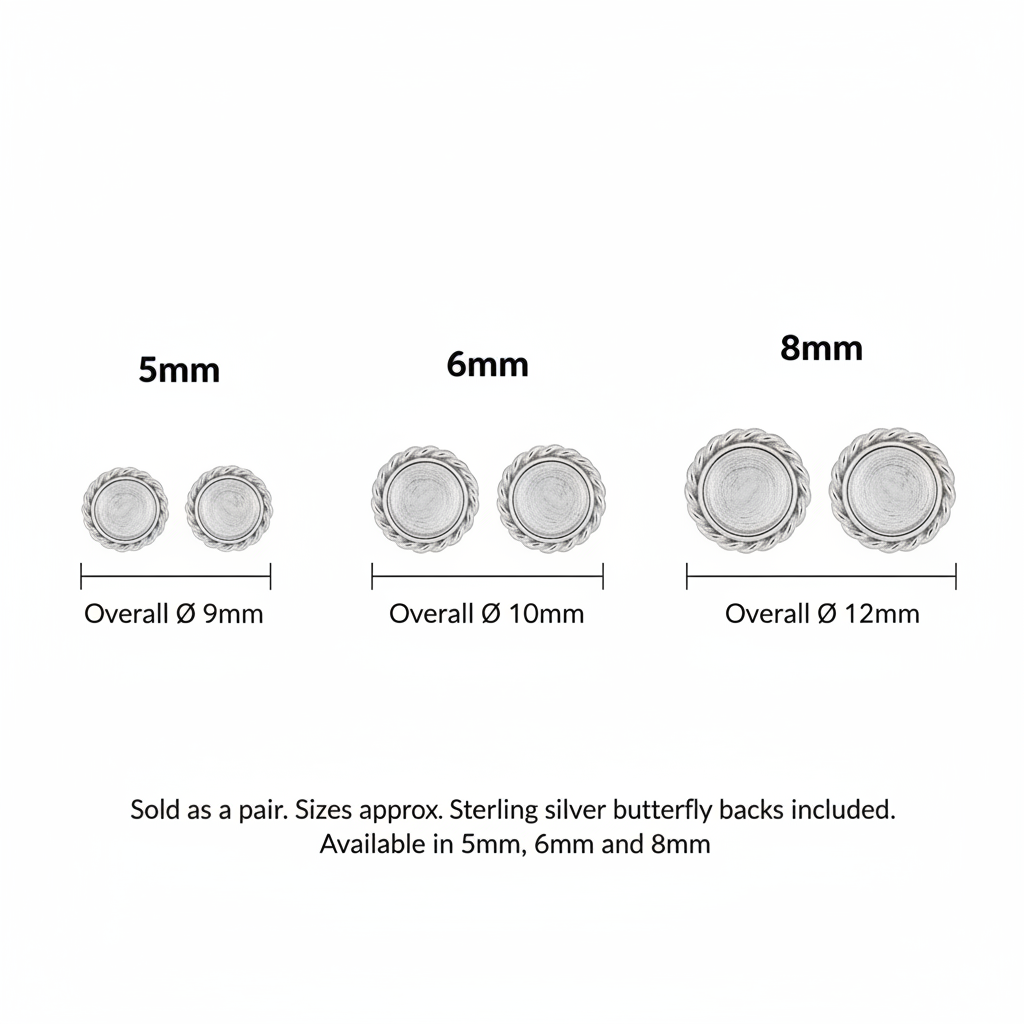 Silver 925 rope edge memorial stud earrings size guide — 5mm, 6mm and 8mm settings shown, sold as pair
