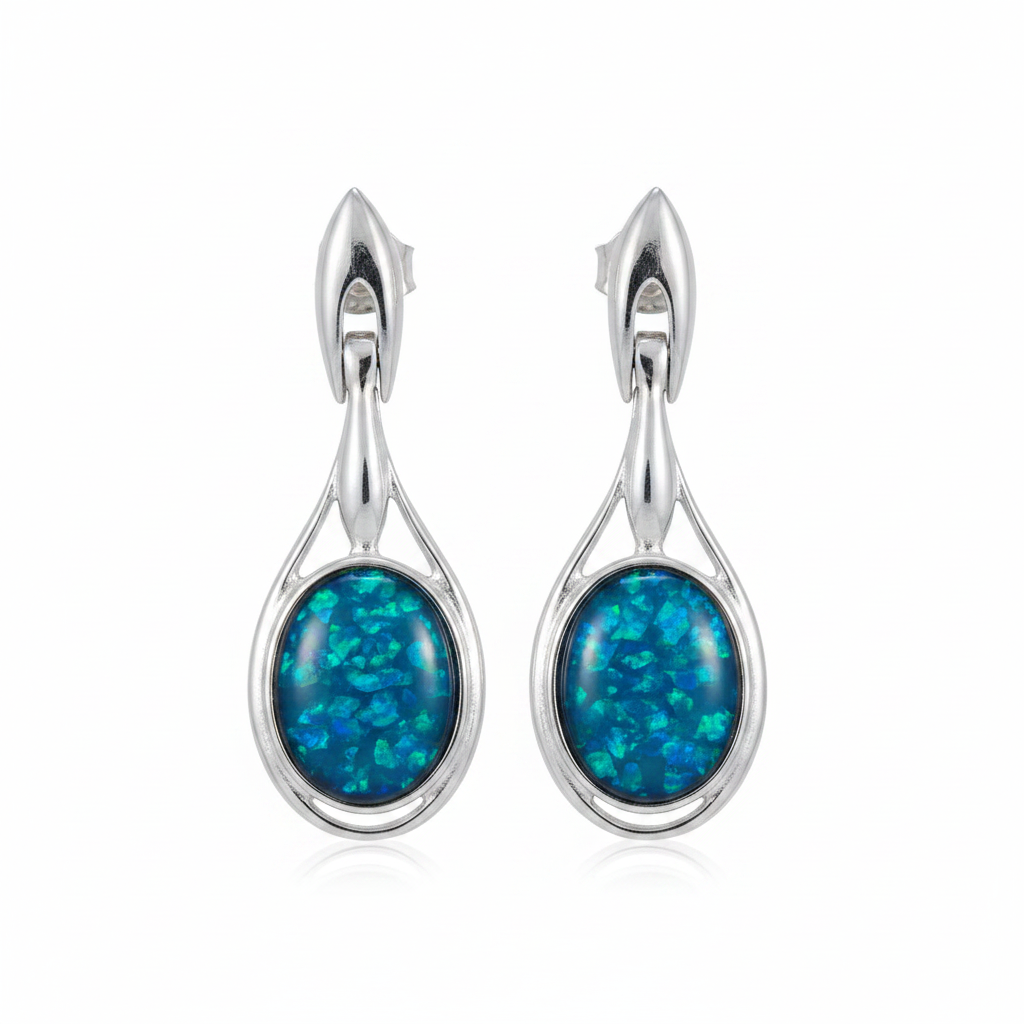 Silver 925 hinged drop earrings - blue teal opal resin filled