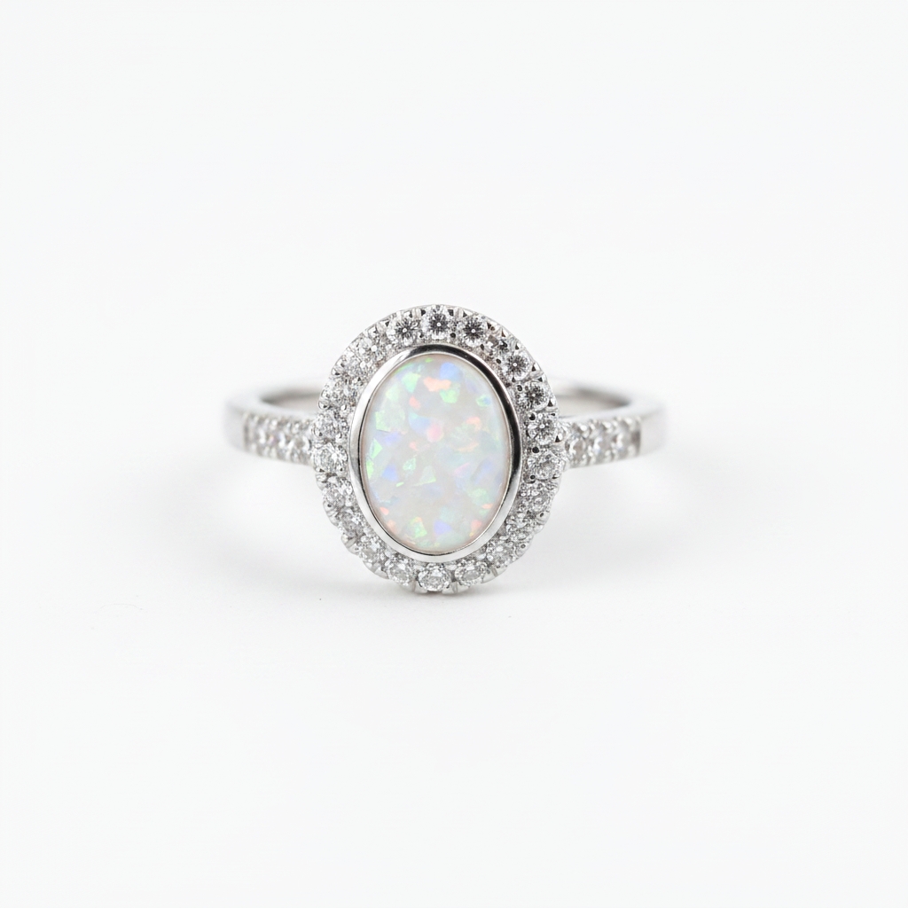 925 sterling silver oval CZ halo memorial ring with white pearl opal flakes in oval bezel on white background