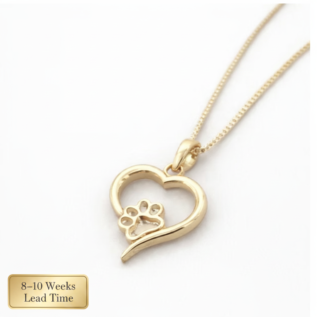 9ct Gold Hollow Heart Paw Pendant — blank yellow gold, white background, 8-10 weeks lead time sticker