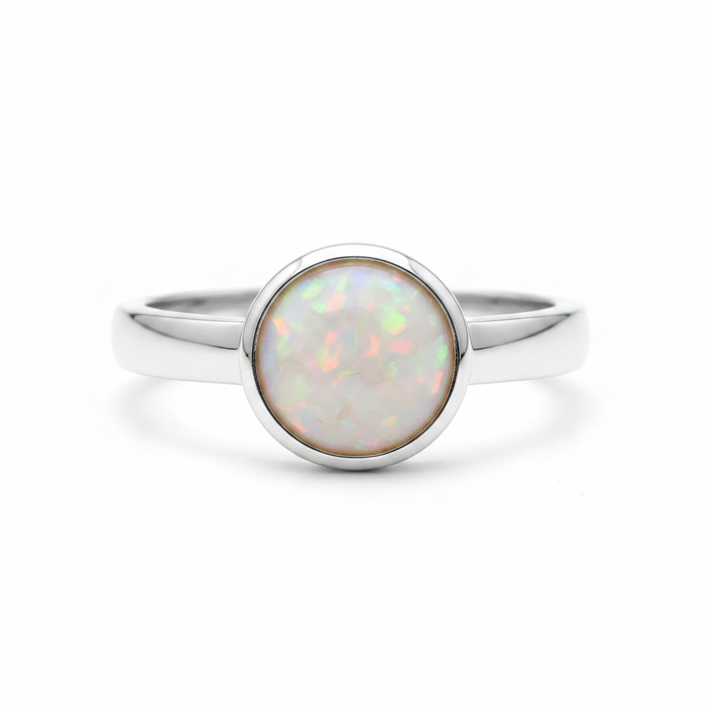 Thick Trim Round 925 Silver Ring with white pearl opal resin — bright polished silver, white background