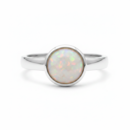 Thick Trim Round 925 Silver Ring with white pearl opal resin — bright polished silver, white background