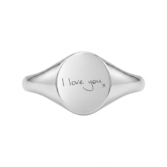 Illustrative front view of personalised 9mm × 7mm oval silver signet ring