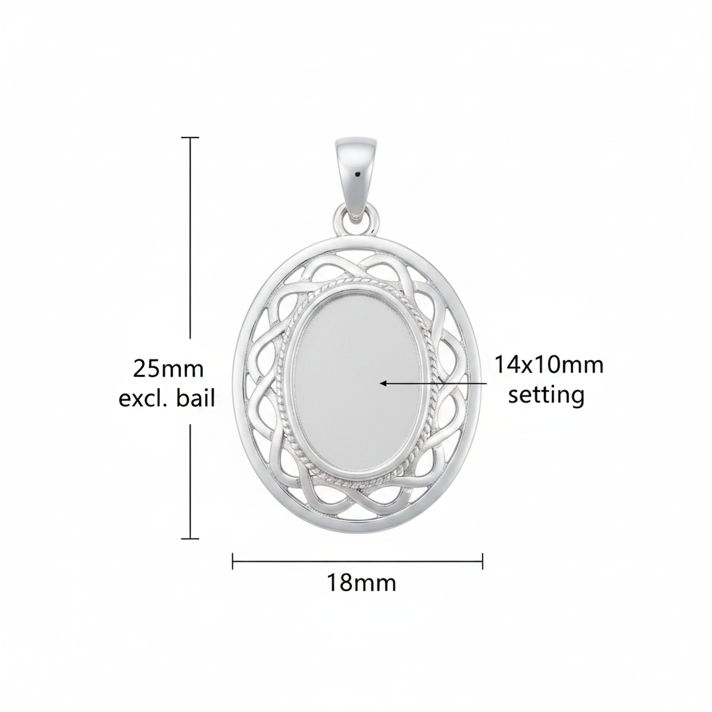 Silver 925 Celtic oval memorial pendant dimensions — 25x18mm excl. bail, 14x10mm oval centre