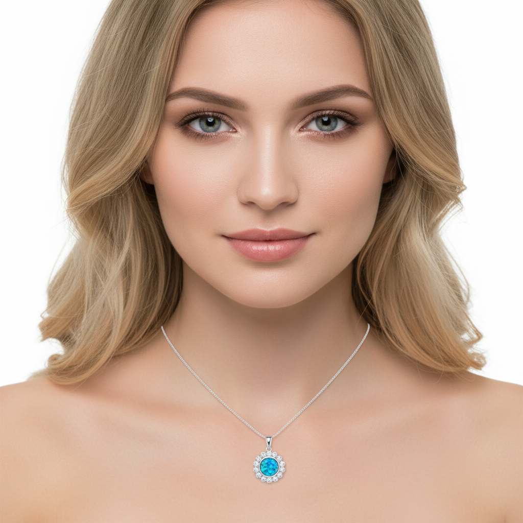 Model wearing silver 925 halo CZ memorial pendant at true 14mm scale