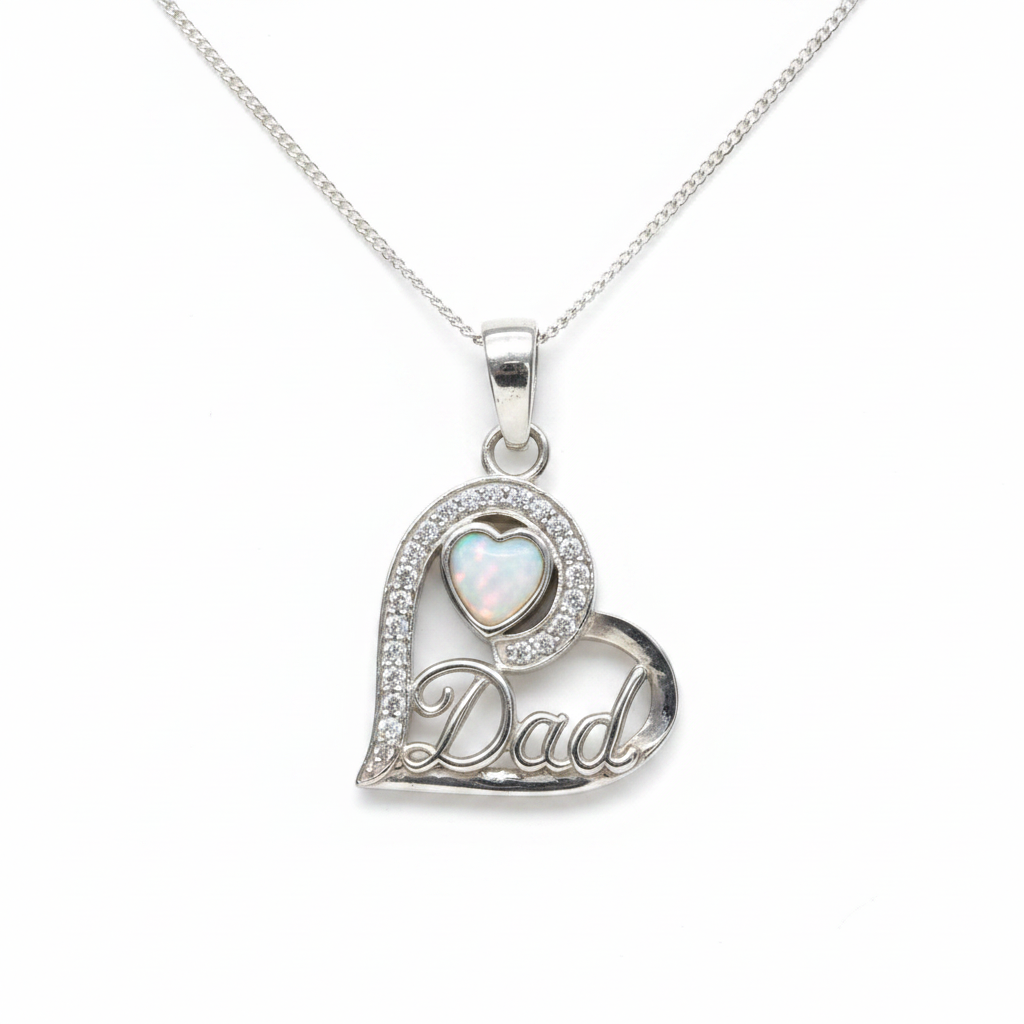 925 sterling silver Dad heart memorial pendant necklace with white pearl opal shimmer resin in heart bezel on white background