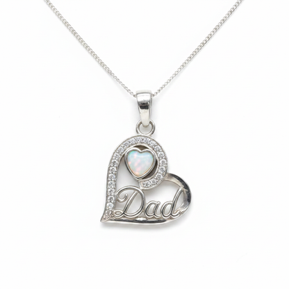 925 sterling silver Dad heart memorial pendant necklace with white pearl opal shimmer resin in heart bezel on white background