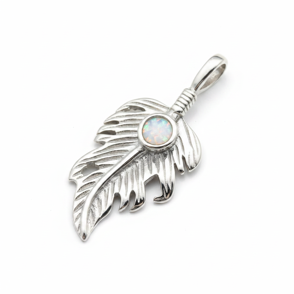 Silver 925 feather leaf memorial pendant with white opal and mica, white background