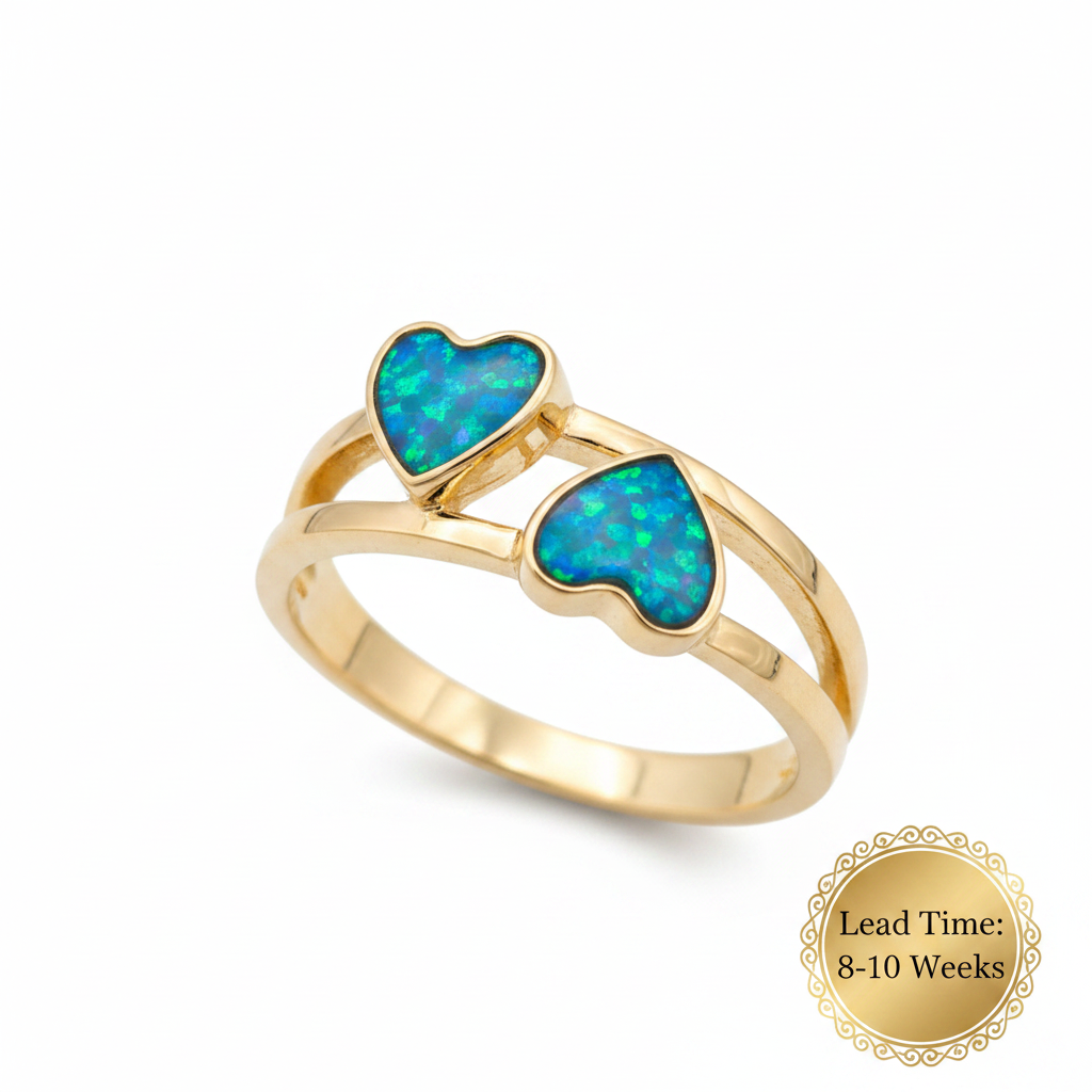 9ct gold double heart duo ring with blue teal opal resin in both heart bezels, white background, lead time 8-10 weeks sticker