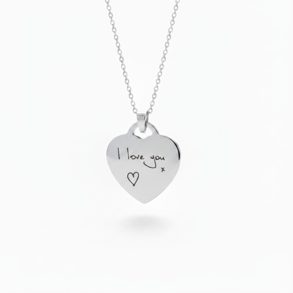 925 sterling silver 21mm heart pendant necklace with laser engraved handwriting I love you x hanging on cable chain — Lovely Oxford