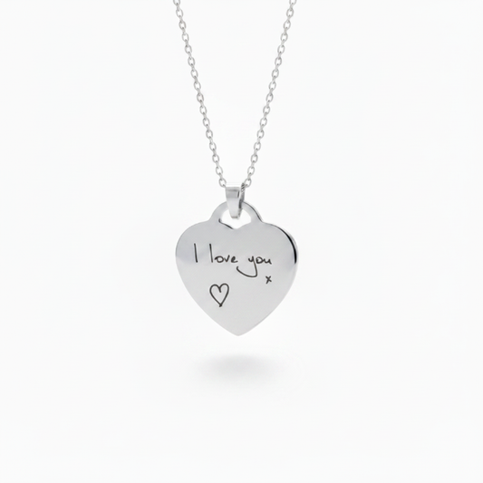 925 sterling silver 21mm heart pendant necklace with laser engraved handwriting I love you x hanging on cable chain — Lovely Oxford