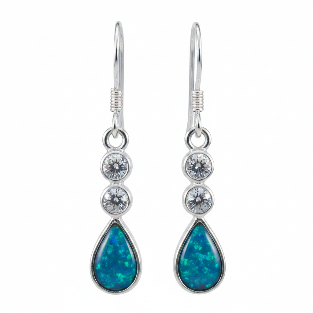 Silver 925 CZ teardrop drop earrings - blue teal opal resin