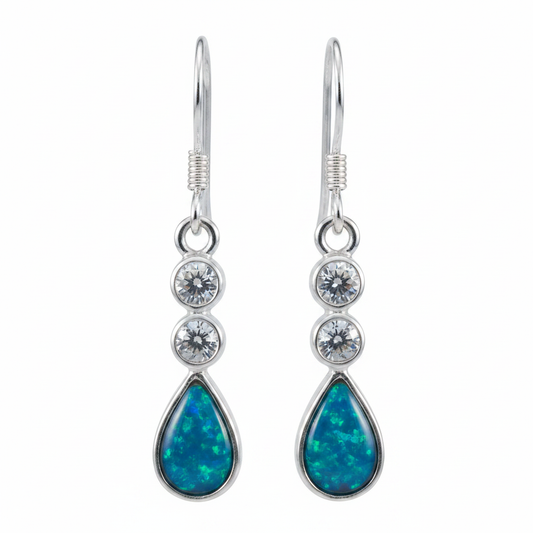 Silver 925 CZ teardrop drop earrings - blue teal opal resin