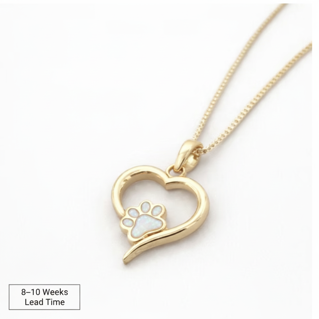 9ct Gold Hollow Heart Paw Pendant — white pearl opal resin, white background