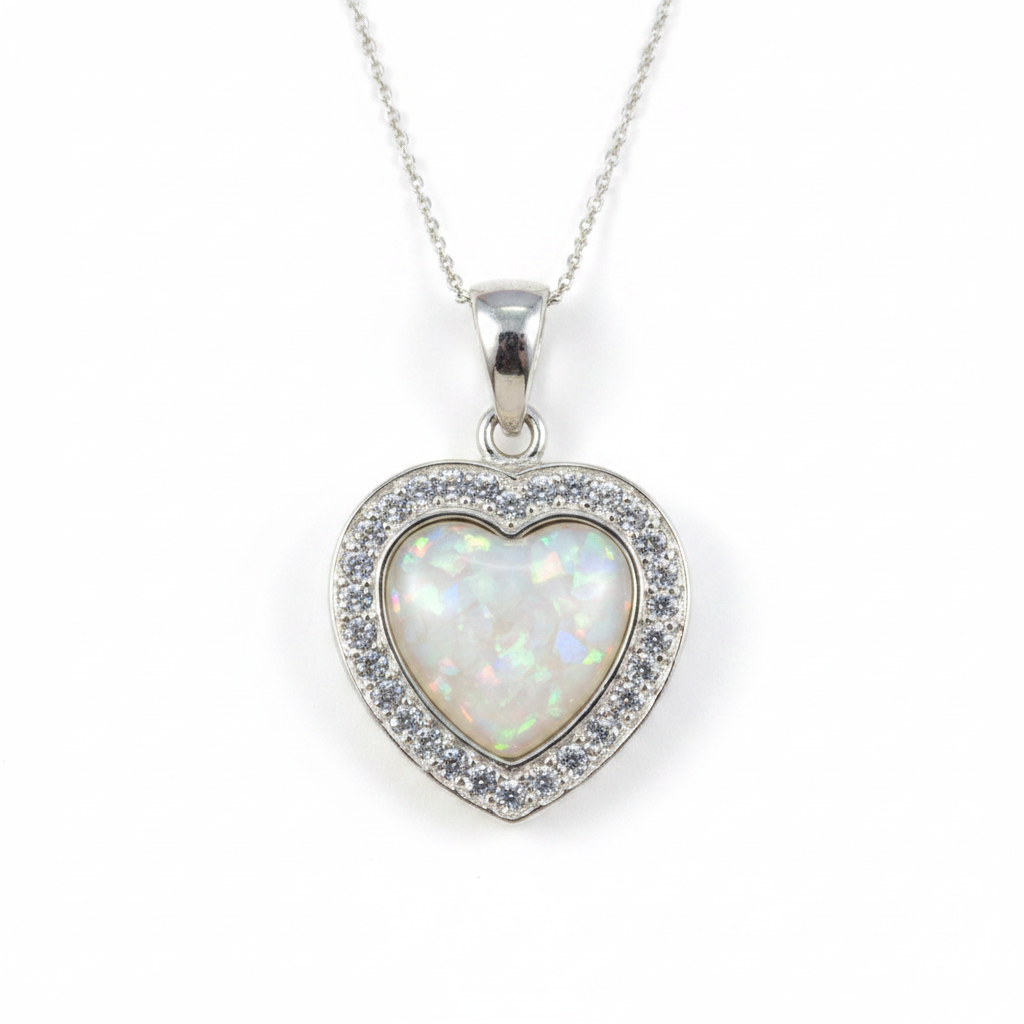 Silver 925 heart memorial pendant with CZ surround filled with white pearl opal flakes