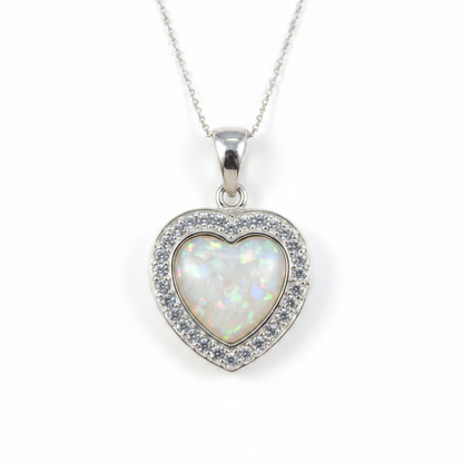 Silver 925 heart memorial pendant with CZ surround filled with white pearl opal flakes