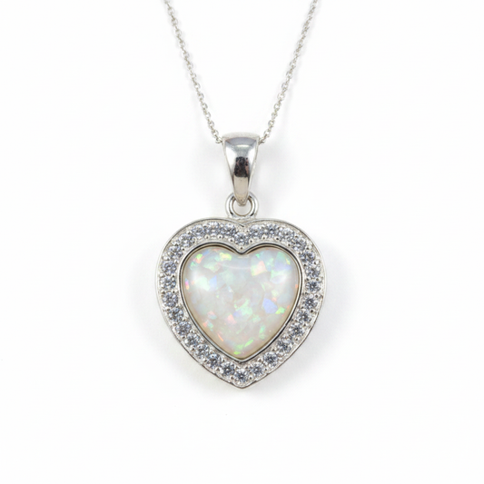 Silver 925 heart memorial pendant with CZ surround filled with white pearl opal flakes