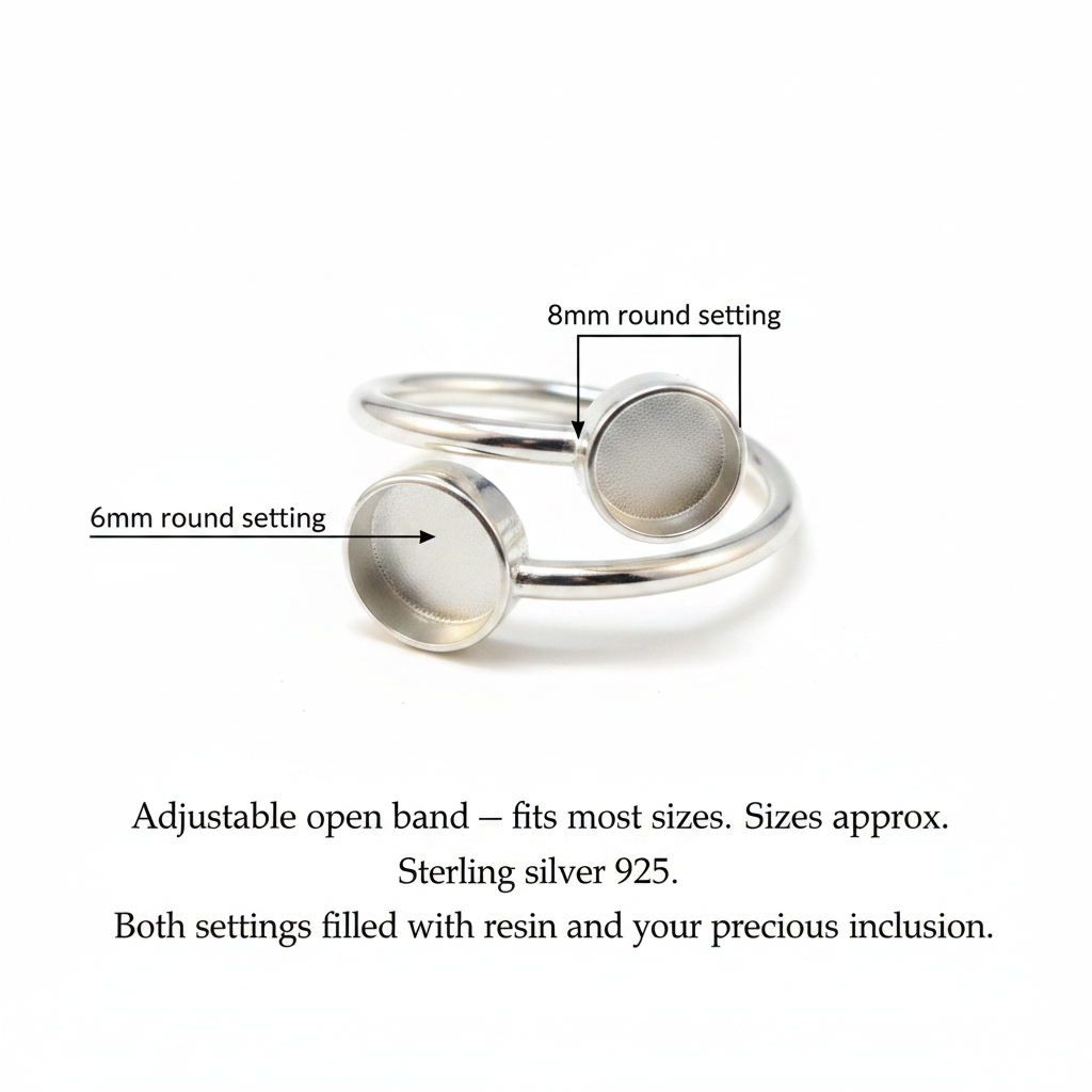 Silver 925 adjustable bypass memorial ring dimensions guide — 6mm and 8mm round settings, adjustable open band, fits most sizes