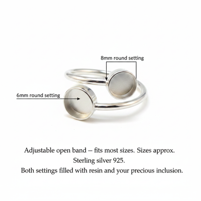 Silver 925 adjustable bypass memorial ring dimensions guide — 6mm and 8mm round settings, adjustable open band, fits most sizes