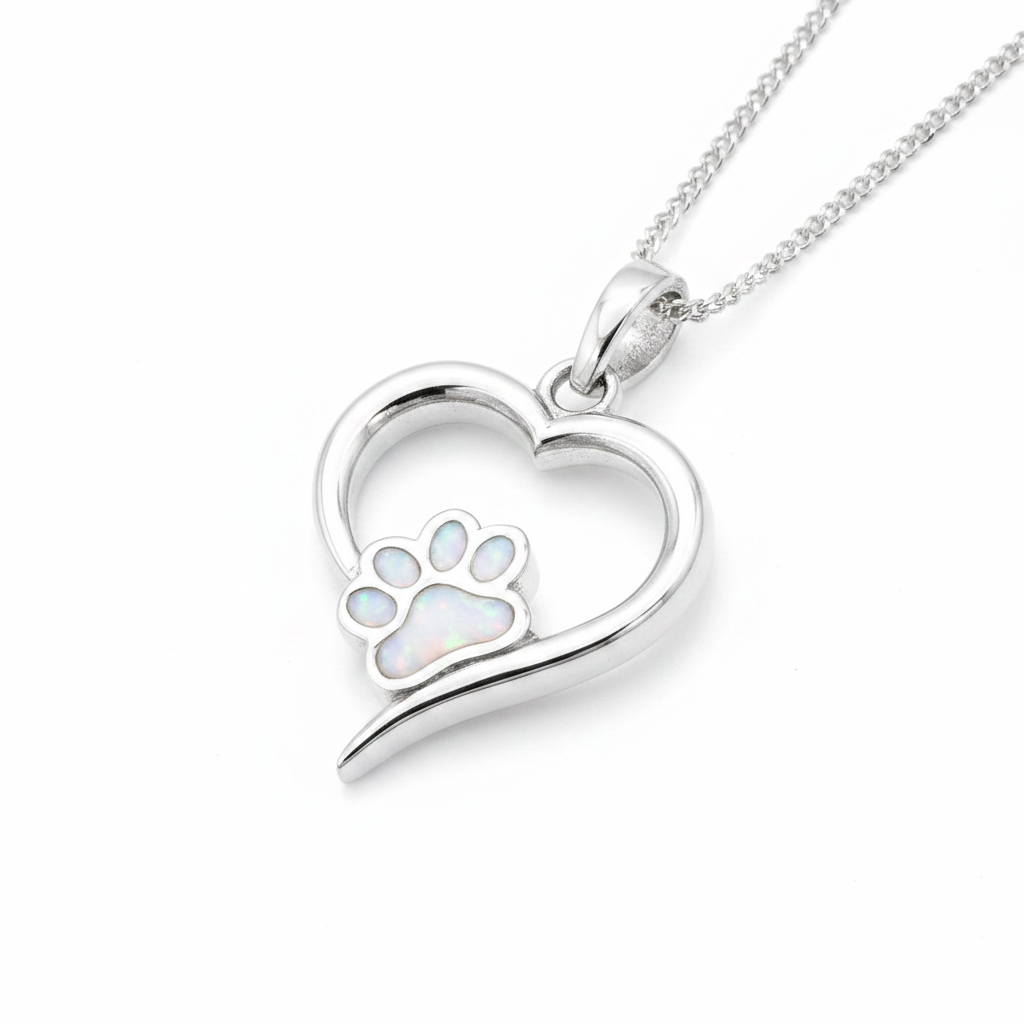 Pawprint hollow heart silver pendant with white pearl opal resin in paw print, white background