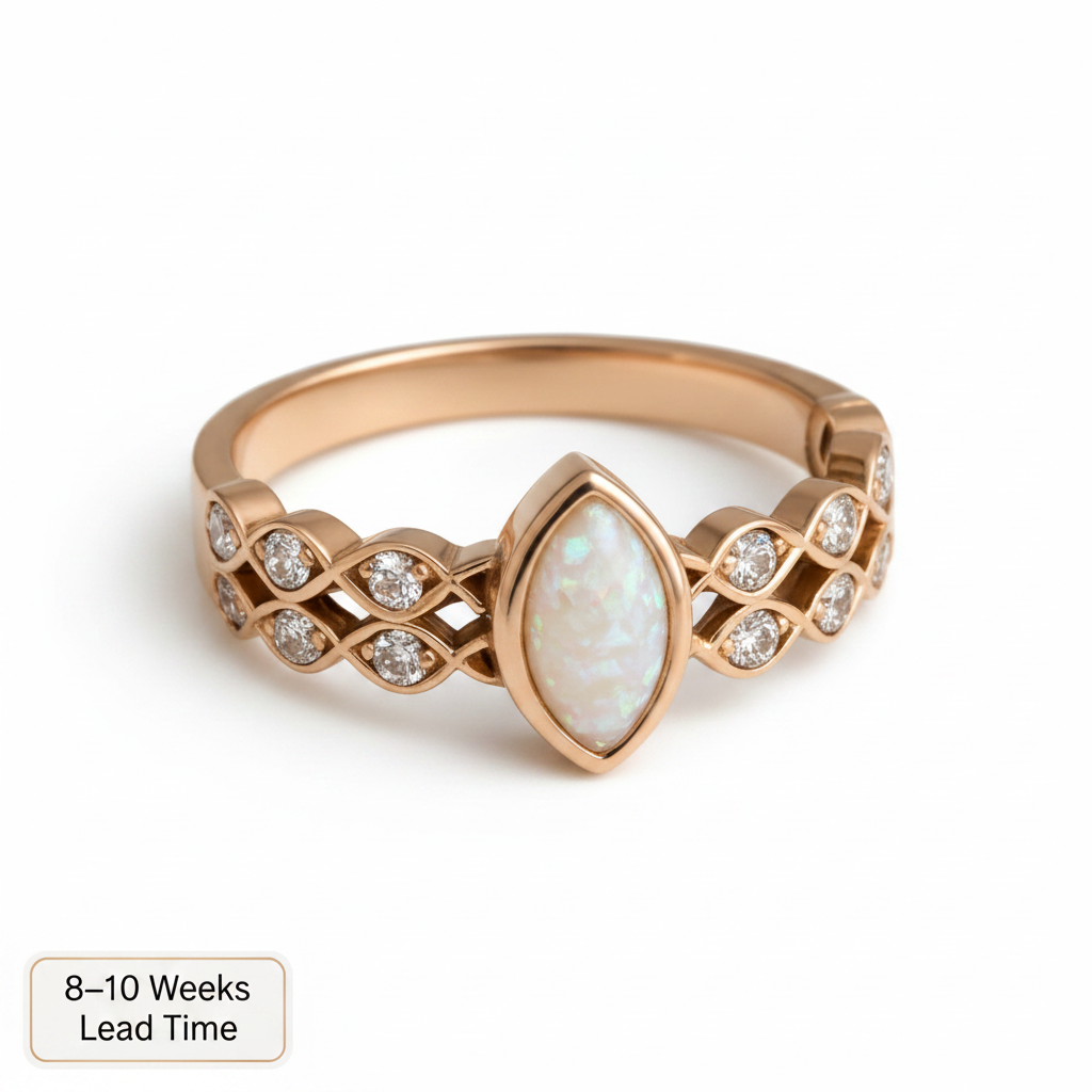 9ct Gold Double Marquise CZ Band Ring — white pearl opal resin, white background