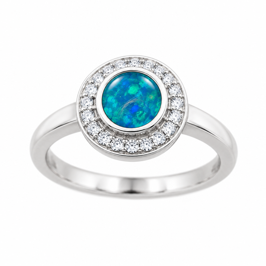 Illustrative 925 Sterling Silver CZ halo plain shank memorial ring with blue teal opal and fur
