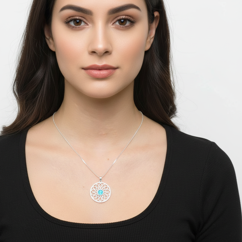 Model wearing silver 925 sunflower mandala memorial pendant at true 25mm scale