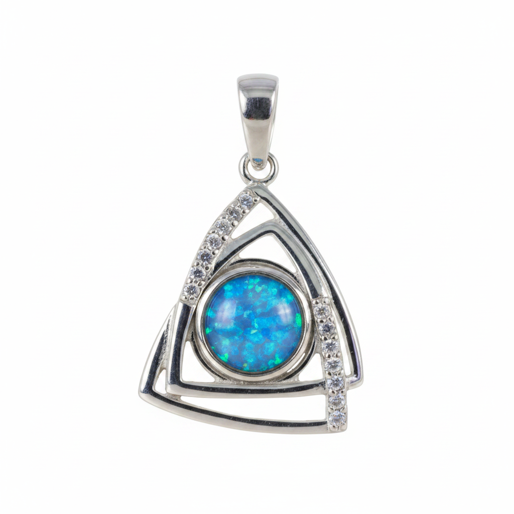 Silver 925 geometric triangle CZ memorial pendant with blue opal flakes, white background